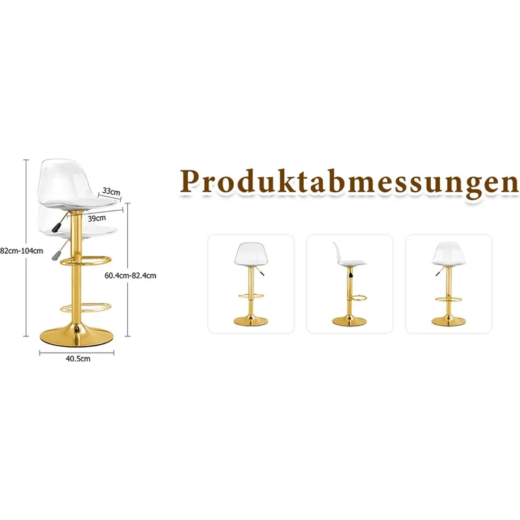 2er-Set Höhenverstellbarer Barhocker: Transparente Rückenlehne + Goldfarbene Metallbeine, Höhe verstellbar von 82-104 cm, Sitzfläche 360° drehbar.--Gold, Transparent--40.5x40.5x50.5cm--YOUDENOVA – Bild 8