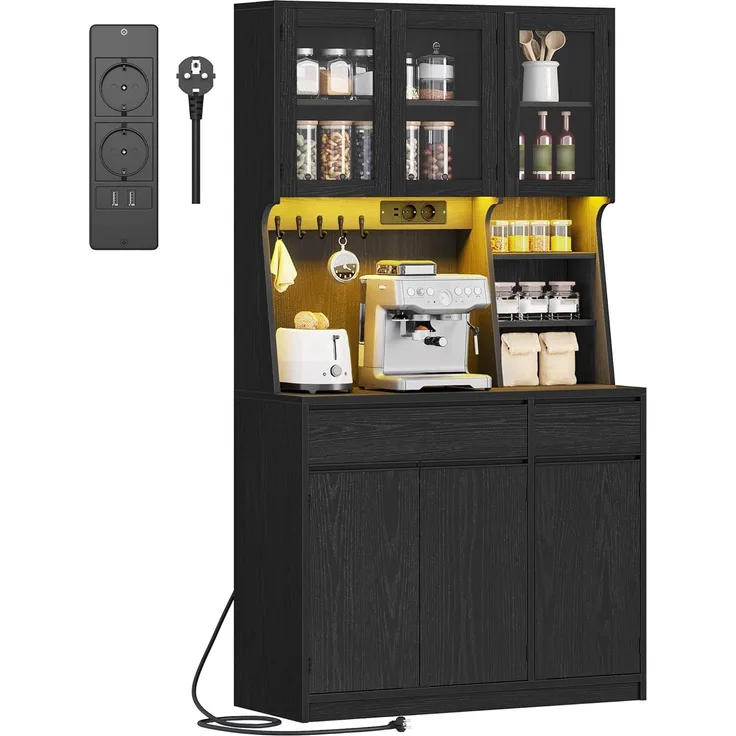 Küchenschrank, Buffetschrank, Hochschrank mit Steckdosen und LED-Lichtleisten, mit Arbeitsplatten und Zwei Schubladen, Verstellbare Einlegeböden, Küche, 40 x 100 x 180 cm, Schwarz