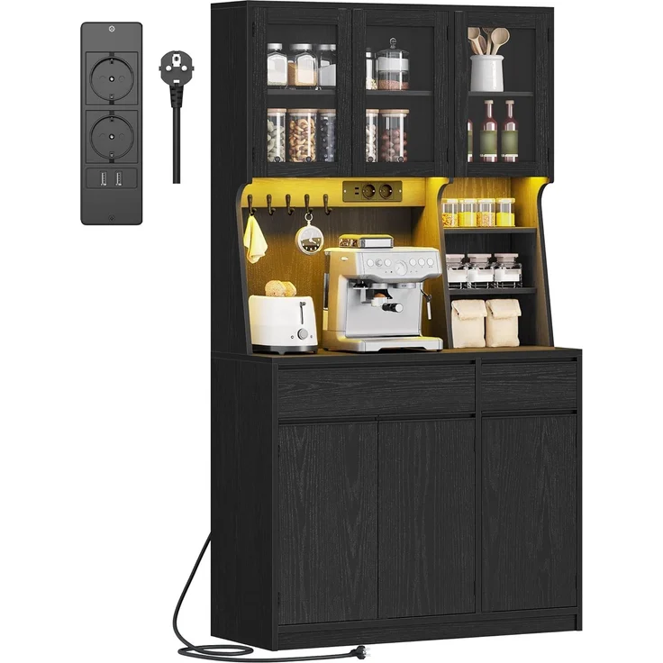 Küchenschrank, Buffetschrank, Hochschrank mit Steckdosen und LED-Lichtleisten, mit Arbeitsplatten und Zwei Schubladen, Verstellbare Einlegeböden, Küche, 40 x 100 x 180 cm, Schwarz – Bild 1