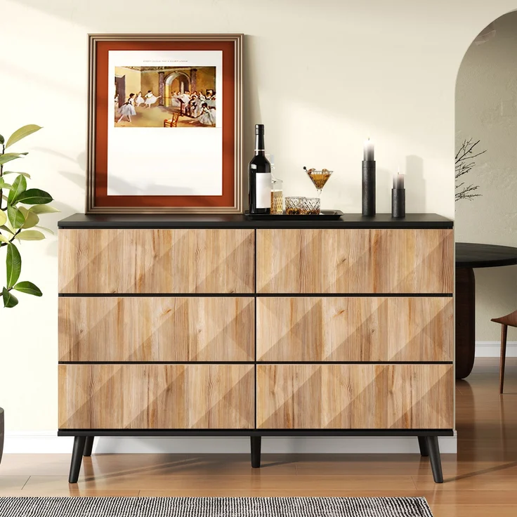 DESVIAE Sideboard mit 6 Schubladen 120x85x40 cm aus MDF und Spanplatte Schwarz/Natur – Bild 4