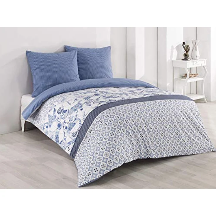 Buymax Bettwäsche Wendebettwäsche, Bettbezug-Set, 100% Baumwolle Renforce, 3 teilig, 200x220 cm, Reißverschluss, hochwertig, Blau, Weiß – Bild 2