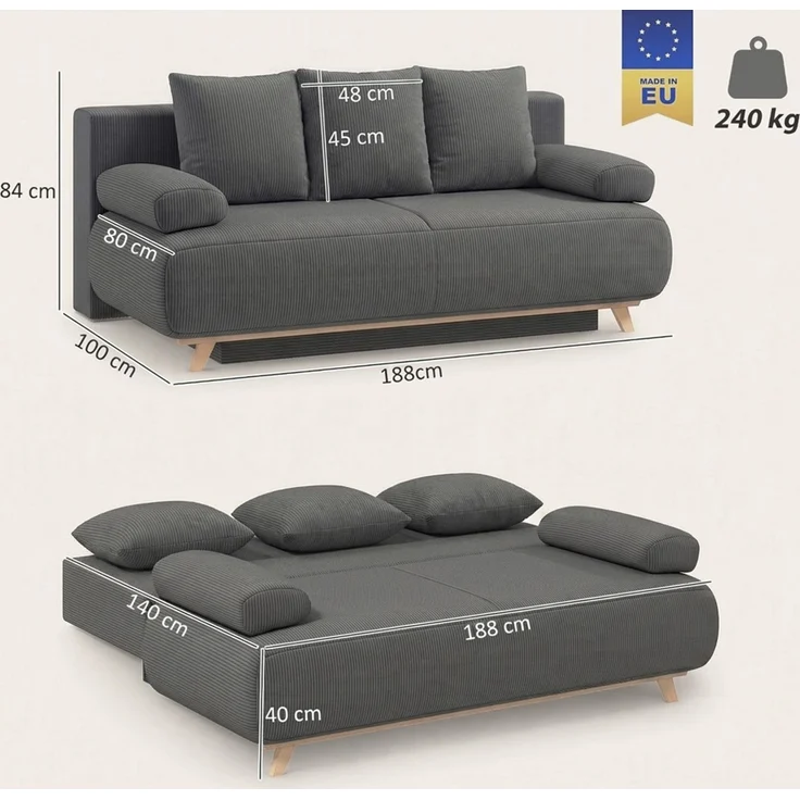 HOMCOM Schlafsofa, Cord (90 % Polyester, 10 % Nylon), Grau, 188 x 100 x 84 cm – Bild 3