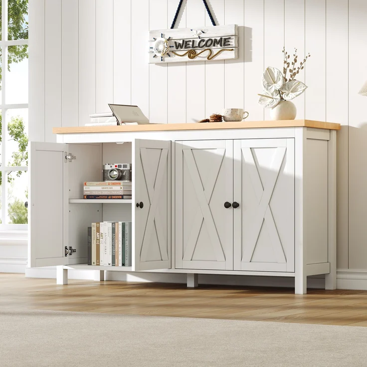 Merax 140cm Sideboard mit 4 Türen, mit Schwarzem, Rundem Griff,2 Partitionen, Multifunktionaler Aufbewahrungsschrank aus MDF-Material, Weiß – Bild 2
