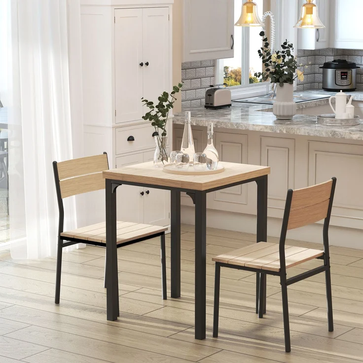 3-teilige Essgruppe Esstisch mit 2 Stühlen Platzsparende Esszimmergruppe Sitzgruppe für Esszimmer, Küche Naturholzmaserung+Schwarz--Natur--76x60x60cm--YOUDENOVA – Bild 3