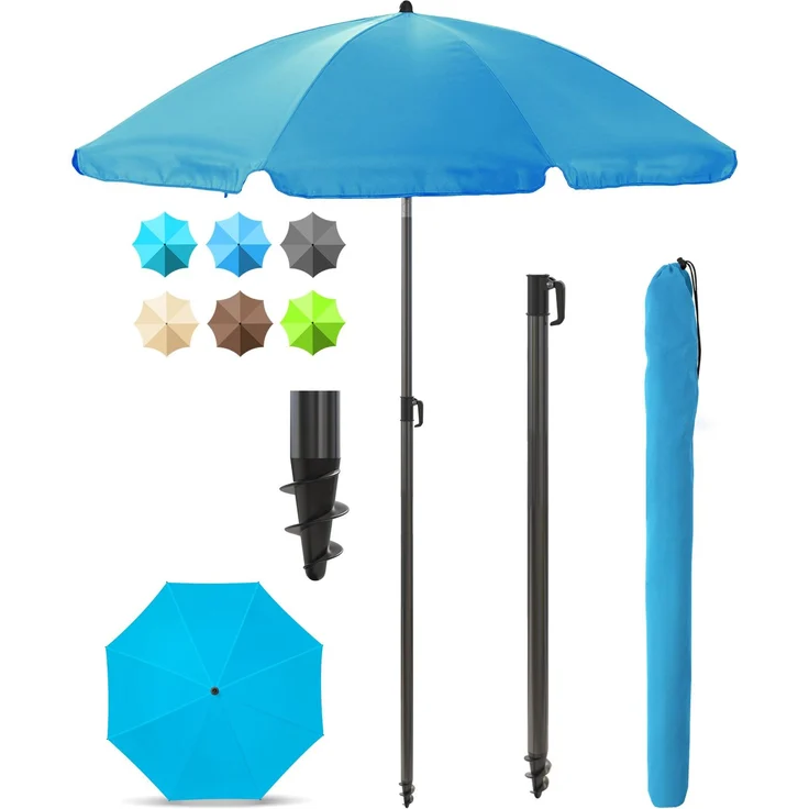 Menz Sonnenschirm Balkon + Sonnenschirmhülle - UV50+ Strandschirm 180 cm, Balkonschirm mit Knickfunktion, Gartenschirm, Sonnenschirm Strand - Fb. Blau