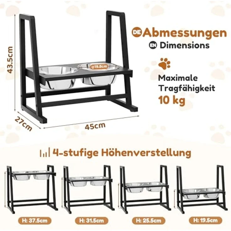 Yorbay Futternapf Hundenapf-Ständer höhenverstellbar, Edelstahl, 4-fach verstellbar, sicherer Stand, schwarz, 2X 1200ml Edelstahlnäpfen – Bild 2