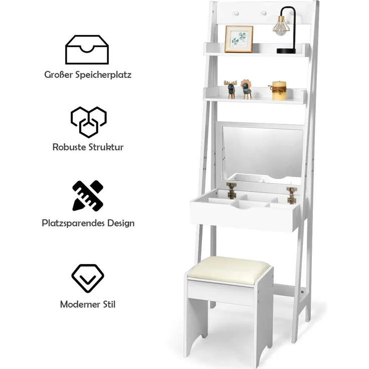 COSTWAY Schminktisch mit Klappspiegel, Hocker, Haken und Ablagefächern, Holz weiß, 60 x 40 x 180 cm – Bild 4