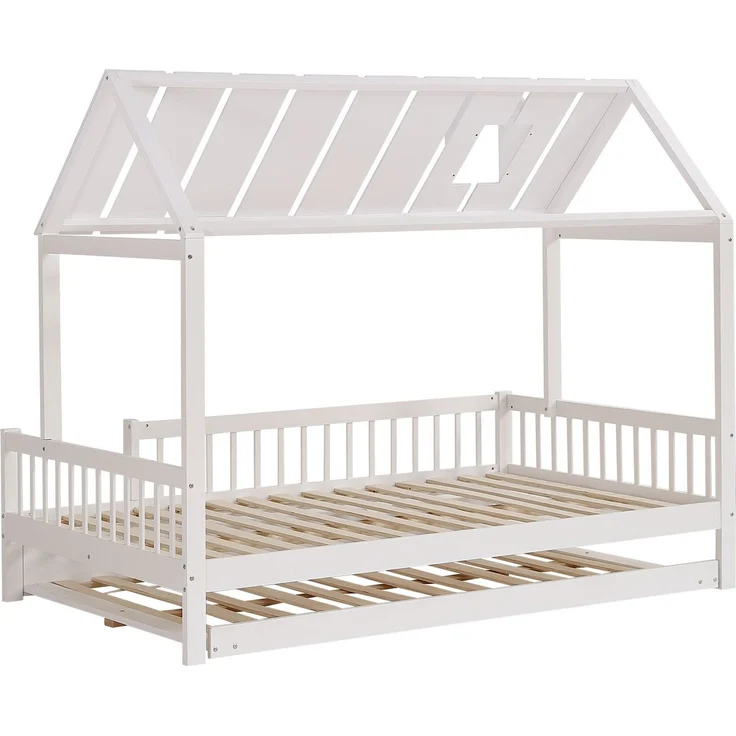 Hausbett Kinderbett 120x200 mit Rollbett Dach Kaminleiste Kiefer MDF Lattenrost weiß Jugendbett Schlafplatz – Bild 8