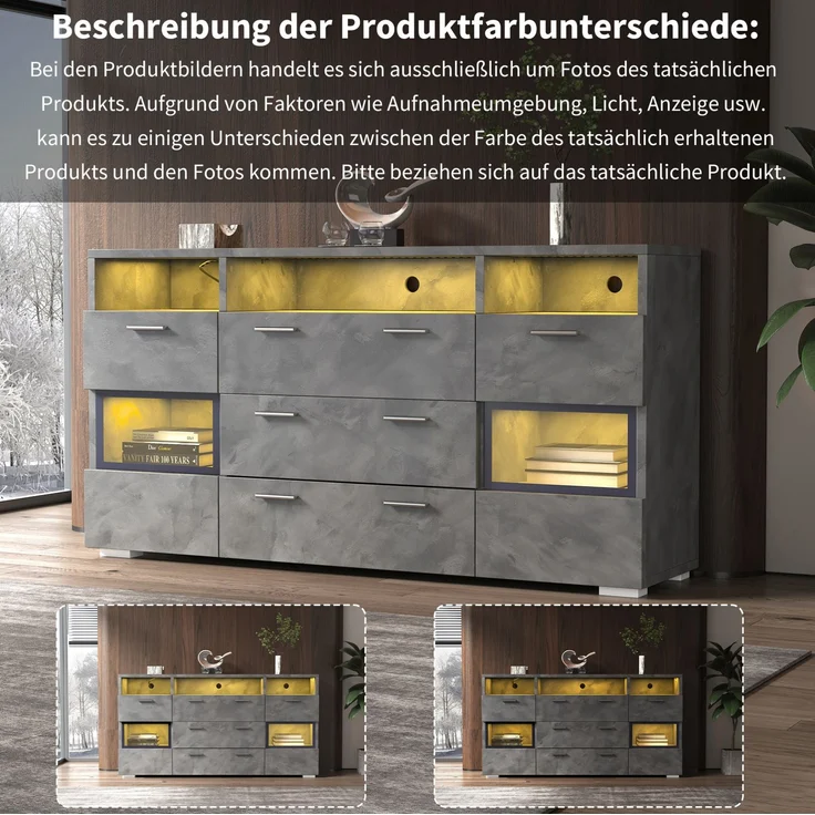 DESVIAE Sideboard mit LED-Beleuchtung, 2 Türen und 3 Schubladen, 140x72,5x33,5 cm, Spanplatte, Grau – Bild 4