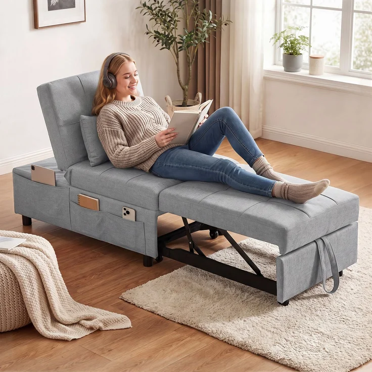 MELAYR, 4-in-1 Klappsessel mit Seitentasche, Gästebett mit Kissen, 104 x 65.5 x 81 cm, Hellgrau – Bild 3