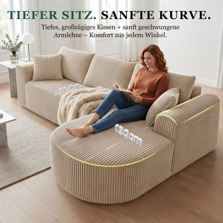 COMHOMA Sofa Ecksofa mit Schlaffunktion, Corduroy Modulares Boneless Couch, mit Chaiselongue, L-Form Schlafsofa, Sektionssofas mit Kissen & Seitentaschen – Bild 2