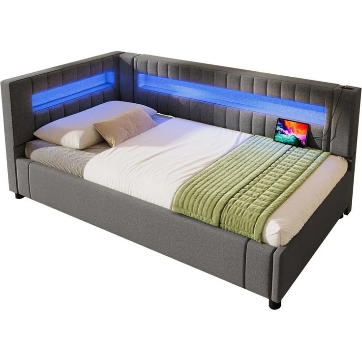 BlingBin Polsterbett Daybett Tagesbett Schlafsofa Jugendbett (1-tlg, mit LED-Lichtleiste, hydraulische Stauraum, USB und Type-C), 90×200cm, ohne Matratze, Leinen, Grau – Bild 1