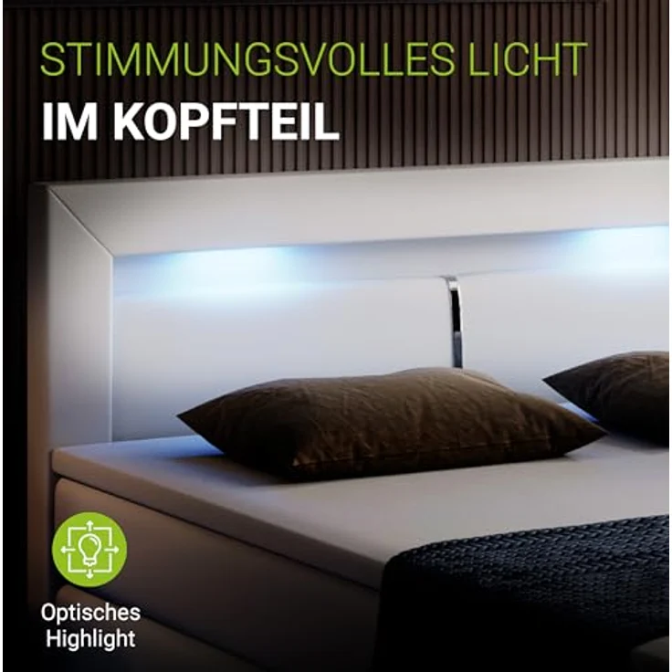 Juskys Norfolk Boxbett, Weiß, 200x200 cm, mit LED-Beleuchtung, zwei Bonell Federkernmatratzen und Topper, ideales Doppelbett für angenehmen Schlaf – Bild 4