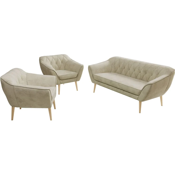 Wohnzimmerset PIRS 1-1-3, Skandinavisches 3-Sitzer Sofa mit Sesseln, Sofa mit Wellenfederung, Buche Füße, Skandinavisches Möbelset - Beige Velvet – Bild 8
