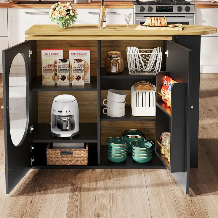 Kücheninsel Stehtisch 204x39x105cm MDF Metall Barwagen Aufbewahrung Drehtisch,Schwarz & Natur – Bild 3