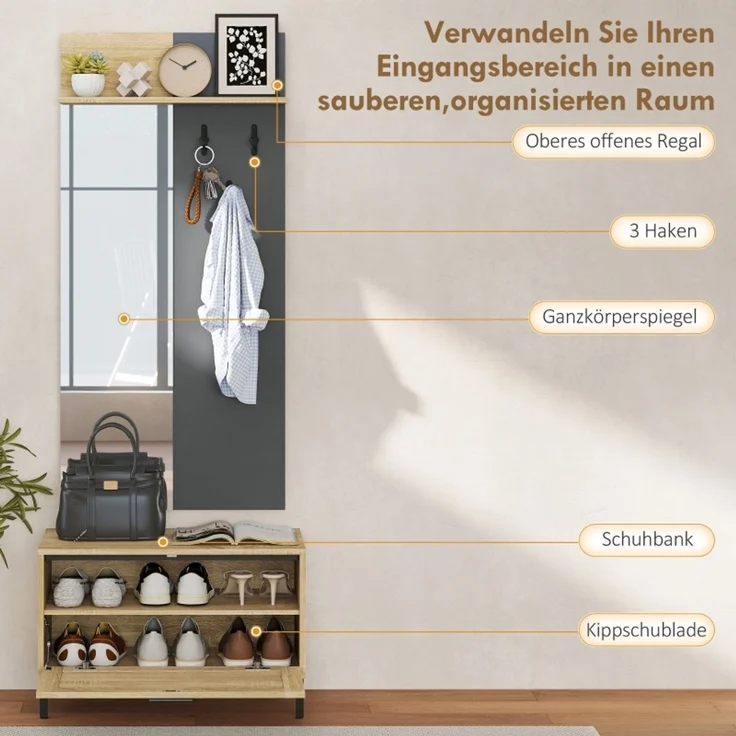 JARDJ Garderobenset für Eingangsbereich, Schuhbank, Spiegel, 3 Haken, Offenes Regal, Flurmöbel, 60*13,5*127,5cm – Bild 3