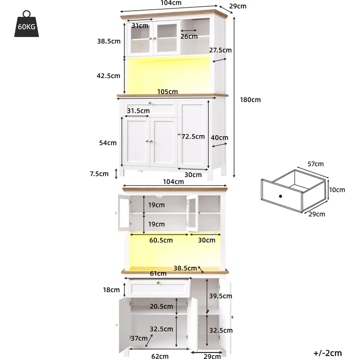 Küchenschrank(104×40×180cm), Hochschrank Küchenbuffet, Vitrinenschrank, Buffetschrank mit Verstellbaren Ablagen, Sideboard mit LED-Beleuchtung,Variable Lichtfarben,weiß--Weiß--104x40x180cm--YOUDENOVA – Bild 4