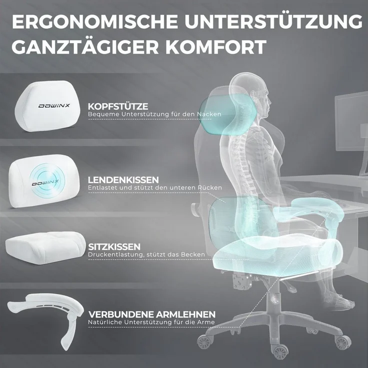 Dowinx Gaming-Stuhl Atmungsaktiver und Ergonomischer Bürostuhl aus Mikrofaser-Velours (Packung), Weiches Sitzgefühl, Verstellbarer Schreibtischstuhl mit Fußstütze – Bild 3
