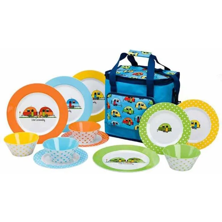 Love Caravanning 12-teiliges Geschirr-Set aus Melamin mit Kühltasche