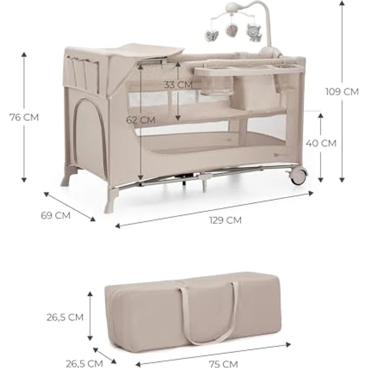 Kinderkraft Joy 2 Acc Kinderbett, 3 in 1 Kinderreisebett, Babybetten, Kinderbett, Reisebett, Modernes Design, Kleine Abmessungen nach Zusammenklappe, Praktisches Zubehör, Räder, Beige – Bild 13