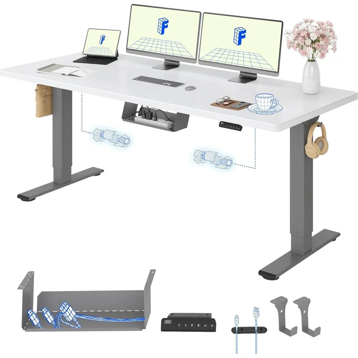 FLEXISPOT Höhenverstellbarer Schreibtisch mit 2 Motoren & 25MM einteiliger Tischplatte,ergonomischer Bürotisch - 180x80 cm Weiß, graues Gestell – Bild 1