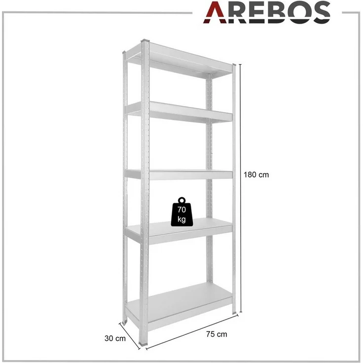 Arebos Schwerlastregal 180 x 75 x 30 cm 350 kg Steckregal Kellerregal verzinkt, Stück, Höhe 180 cm, Traglast 350 kg,Stecksystem – Bild 3