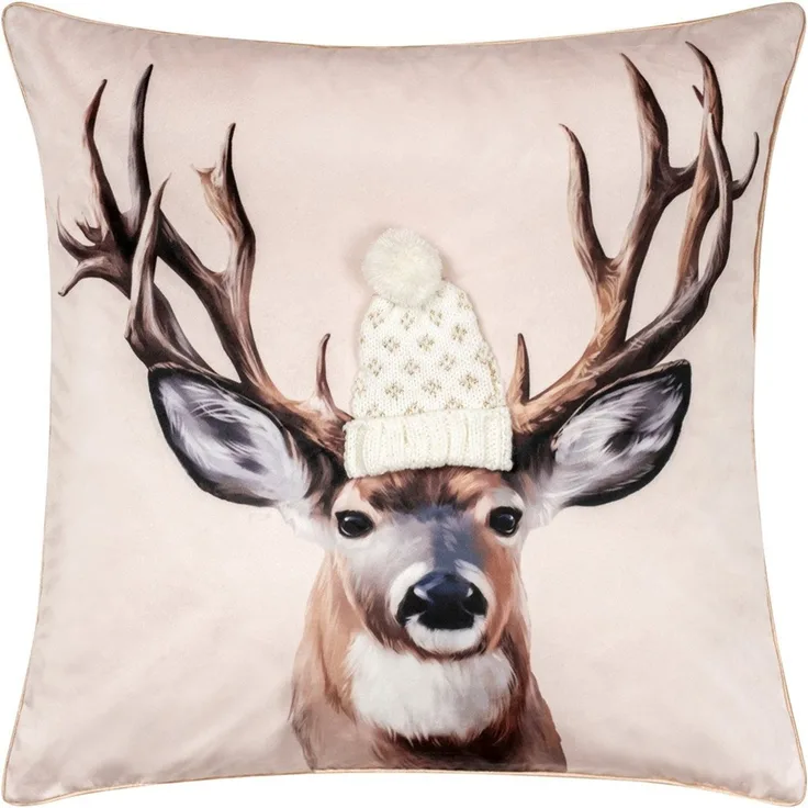 PAD Dekokissen REINDEER, Samtkissen mit Strickmütze und verspieltem Rentier-Design