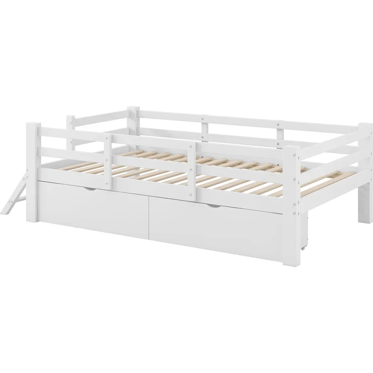 U-life Holz-Plattformbett 90x200 cm mit Schutzgeländer und 2 Schubladen, Weiß – Bild 9
