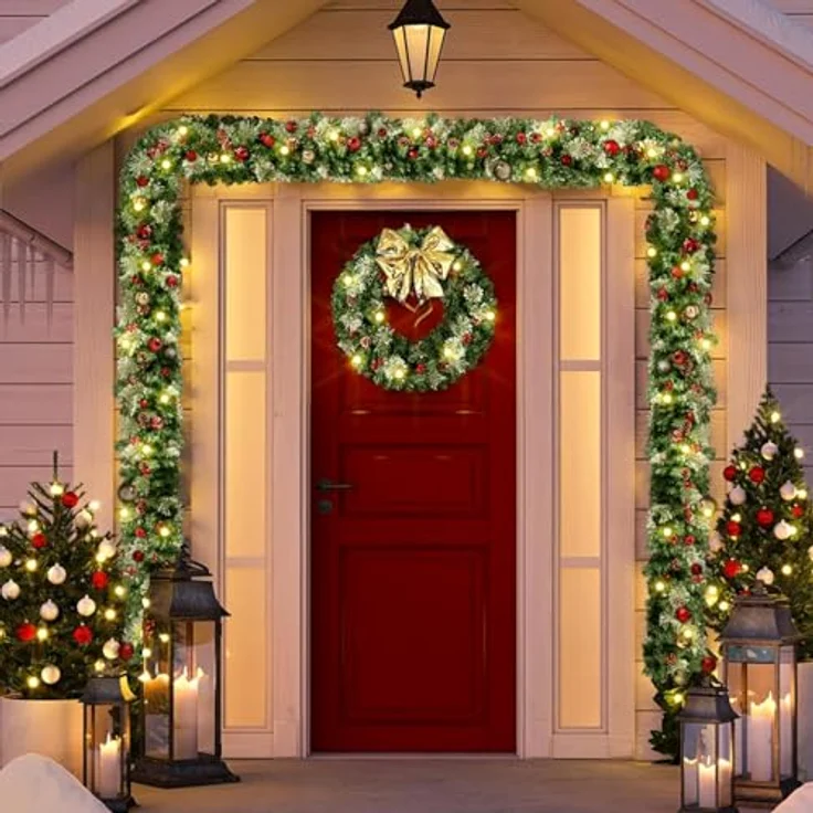 Uten Weihnachtsgirlande 180cm, Tannengirlande mit roter Beeren und Tannenzapfen, Weihnachtsdeko für Innen und Außen, Treppe, Tür, Adventskranz – Bild 9
