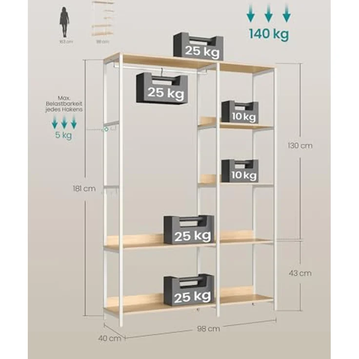 SONGMICS Kleiderschrank offen, Kleiderständer, Garderobenständer, Garderobe mit Kleiderstange, Ablagen, abnehmbare Haken, 40 x 98 x 181 cm, naturbeige-mattweiß RGR024W01 – Bild 5
