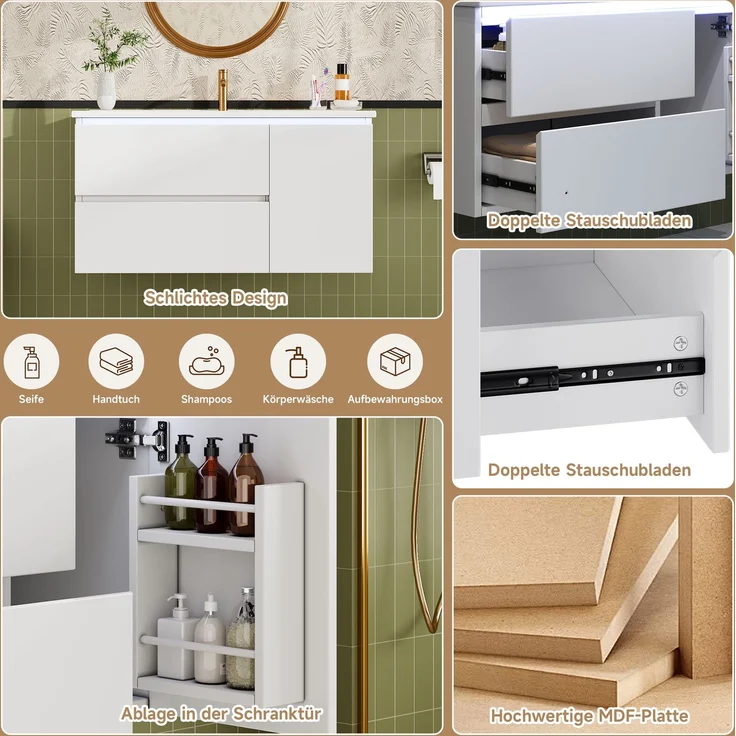 91.5×46.5×50.5cm wandhängender Waschtischunterschrank,hochwertig lackiert,LED-Radarsensorleuchte, Ablagefach an der Tür, zwei Schubladen mit geräuschlosen Auszugsschienen,Keramikwaschbecken,weiß – Bild 8