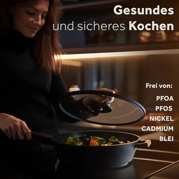 ZWIEGER Große Pfanne mit Deckel 28cm – Schmorpfanne 28 cm hoher Rand, Aluguss, vollflächiger Edelstahlboden, für alle Herdarten (inklusive Induktion) geeignet – Antihaft, PFOA- & PFOS-frei – Bild 4