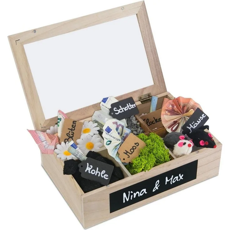 SURPRISA Geschenkbox Schotter-Schatulle Geldgeschenk, aus Paulownienholz, 6 Fächer, Geschenk zur Hochzeit, Geburtstag usw.