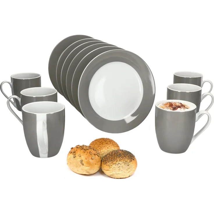 12tlg Frühstücksset Variant Grau Porzellan 6 Personen Teller klein Kaffeebecher