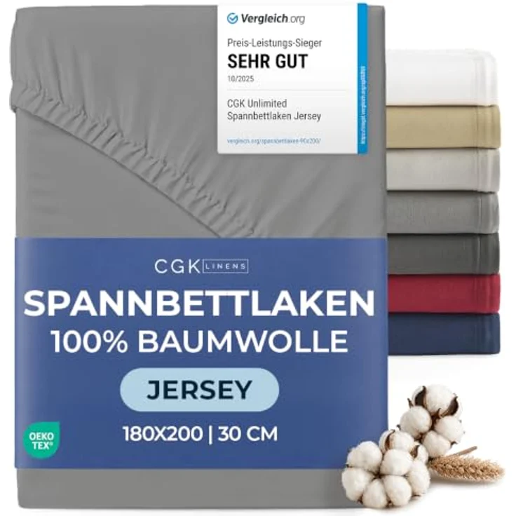 Spannbettlaken Jersey 180x200 cm - 100% Baumwolle weich & atmungsaktiv wärmend - Bettlaken Spannbetttuch mit Rundumgummi für Matratzen bis 30 cm & Boxspringbetten DE - Oeko-Tex - Dunkelgrau – Bild 1