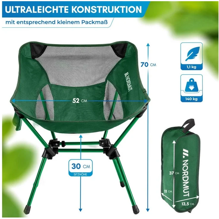 Nordmut Campingstuhl faltbar ultraleicht, klappbar leicht, Camping Outdoor, Angeln (Spar-Set, 1 St), kleines Packmaß, 140 kg belastbar, Aluminium, bequem, Trekking, Strand – Bild 2
