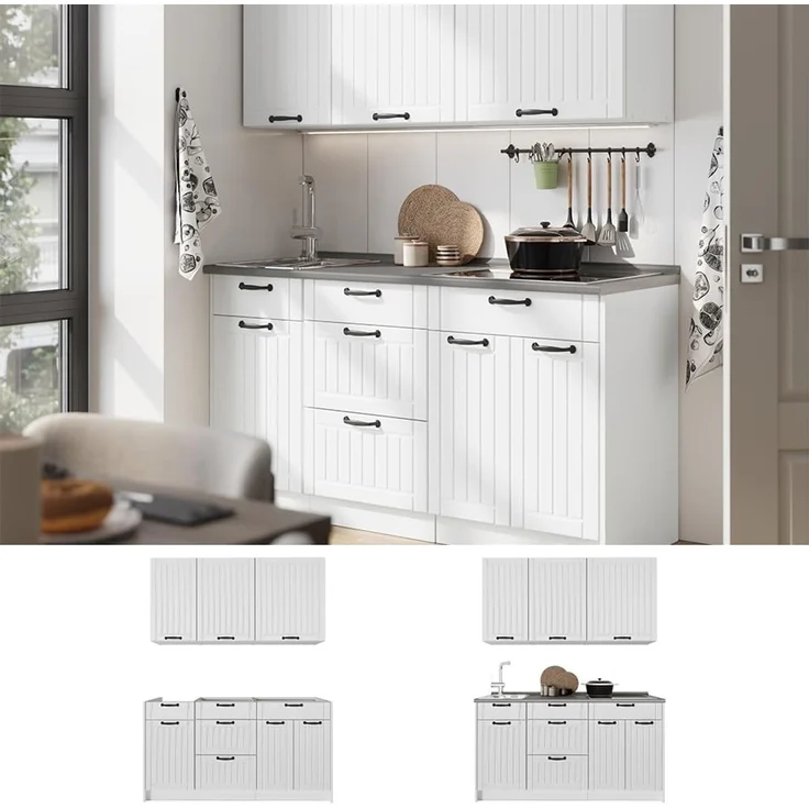 Singleküche Fame-Line Weiß Landhaus/Weiß 150 cm ohne Arbeitsplatte Vicco – Bild 6