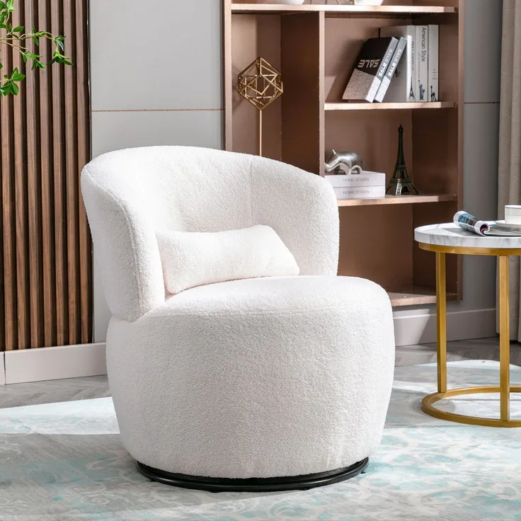 Schaukelstuhl aus Teddyplüsch in Weiß mit 360° Drehfunktion, ergonomischer Lendenstütze und Holzrahmen, Loungesessel mit Metallfuß