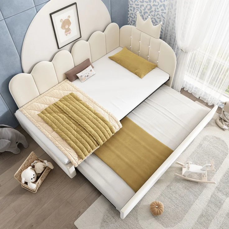 Merax Einzelbett 90x200 cm, Kinderbett, Polsterbett mit 90x190 cm Ausziehbett, Niedliches Kronen- und Gitterdesign, Samt, Beige – Bild 2