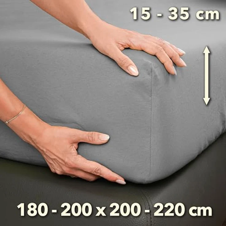 STUDIO Premium Jersey-Spannbettlaken 180x200cm bis 200x220cm, aus 97% Baumwolle & 3% Elastan, Silber, bügelfrei, für Matratzen bis 35cm Höhen – Bild 3