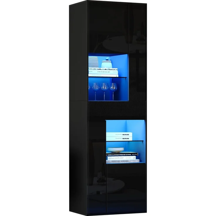 55*38*170cm Verkaufsvitrine, Hochschrank mit 1 Schublade und 4 Schränken,Glasvitrine Vitrinenschränke mit led , Vitrinen Mit Hochglanz-Design,Wohnzimmerschränke, Vitrinen, Schaukästen,Schwarz--Schwarz--55x38x170cm--YOUDENOVA – Bild 7