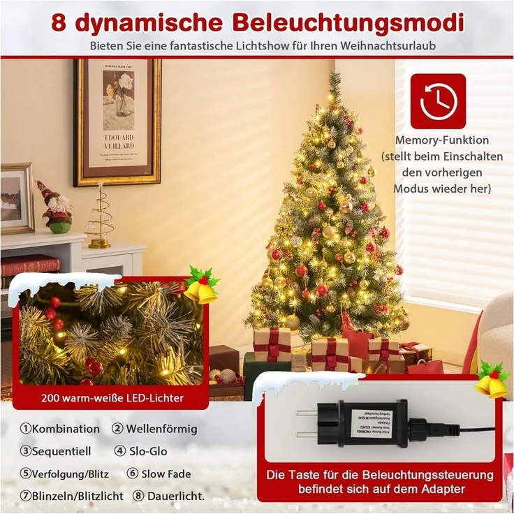 COSTWAY Künstlicher Weihnachtsbaum, mit Schnee und 200 LEDs in 8 Modi, 150cm – Bild 3