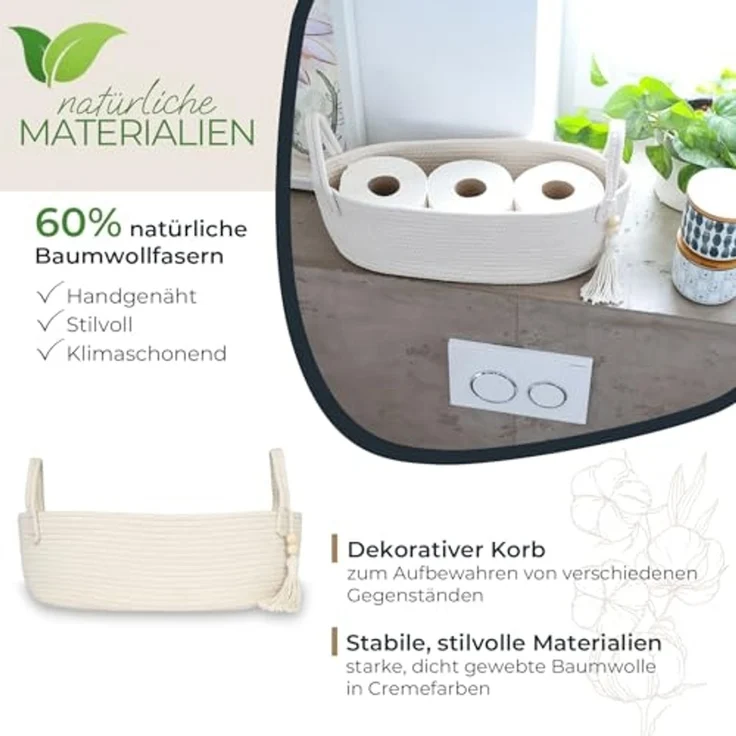 HMF Aufbewahrungskorb Aufbewahrungskorb Badezimmer, Korb für bis zu 3 Rollen Toilettenpapier, handgenäht aus Baumwolle, Badezimmerkorb, 38,5 x 15,5 x 14 cm, Creme – Bild 2