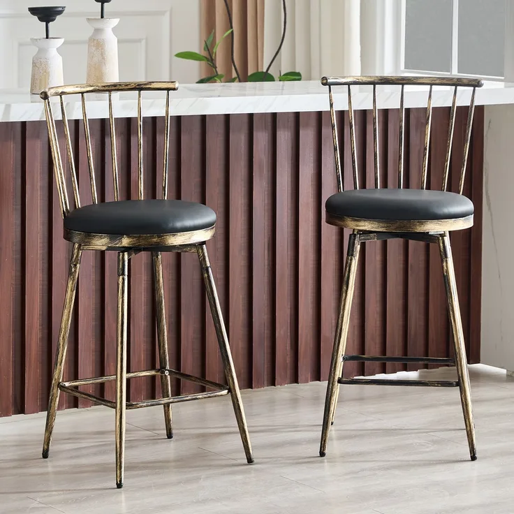 Moderner Metall-Barhocker im Windsor-Stil mit gepolstertem Sitz für Kücheninseln, Bars, Restaurants; Barhocker im Industrial-Stil in Barhöhe; Vintage- und Minimalismus-Stil--Schwarz+Braun--96x39x39cm--YOUDENOVA