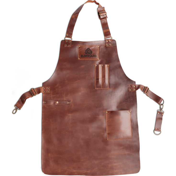 BURNHARD® Grillschürze Leder Braun, Lederschürze 100% Büffelleder, Größenverstellbar, BBQ-Schürze mit Taschen, Kochschürze - Braun - #944506