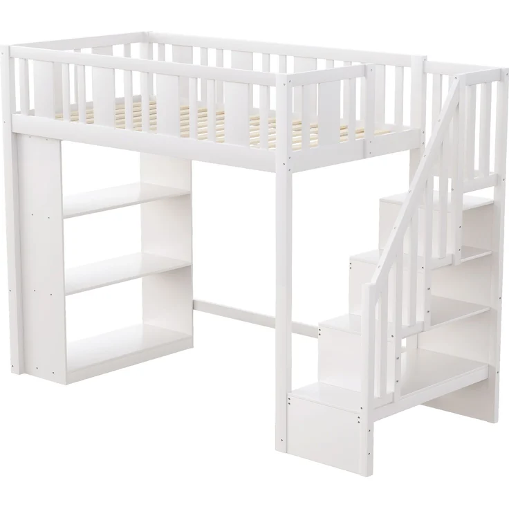 Kinderhochbett 90x200 cm aus Kiefernholz mit Sicherheitsleiter, Stauraum, 3 Fächern, Weiß, Multifunktionsbett – Bild 8