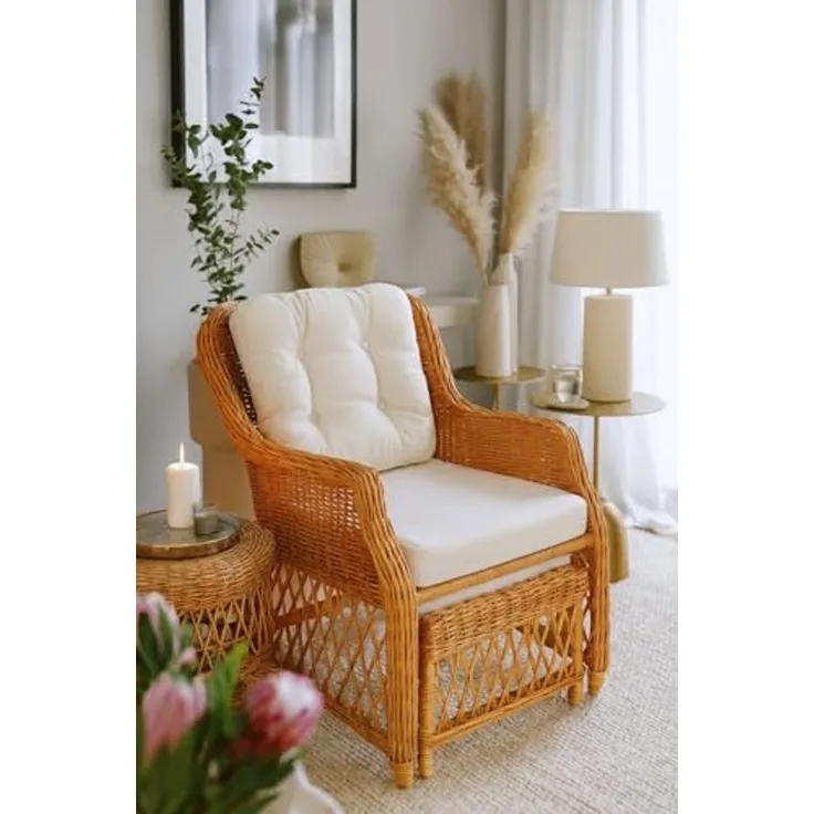 Rattansessel, Relaxsessel mit ausziehbarem Fußteil, handgeflochten, honigfarben