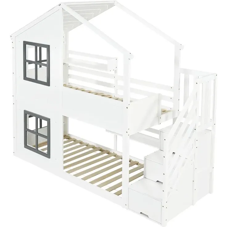 Etagenbett mit 2 Liegeflächen, Lattenrost, Regal, Treppe, Stauraum und Rausfallschutz, 90x200cm, Kinderbett, Jugendbett – Bild 6