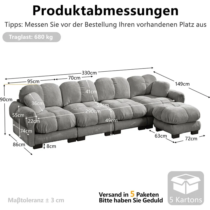 Modulares Ecksofa aus Chenille mit Ottomane, 330x149x90 cm, Hellgrau – Bild 3