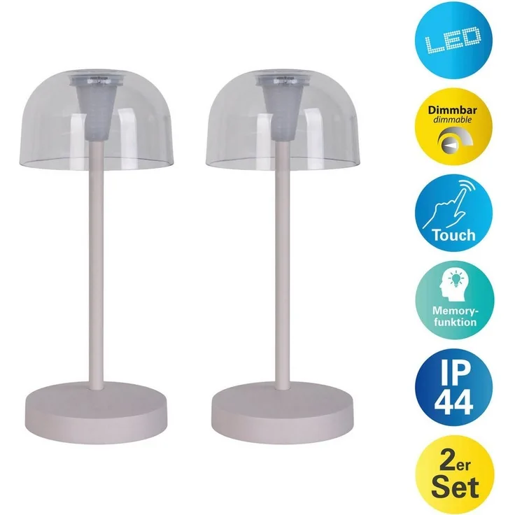 näve LED Tischleuchte Gomba 18,5 cm, Dimmfunktion, LED fest integriert, Warmweiß, 2er Set, aufladbar, USB Kabel, Memoryfunktion, stufenlos dimmbar